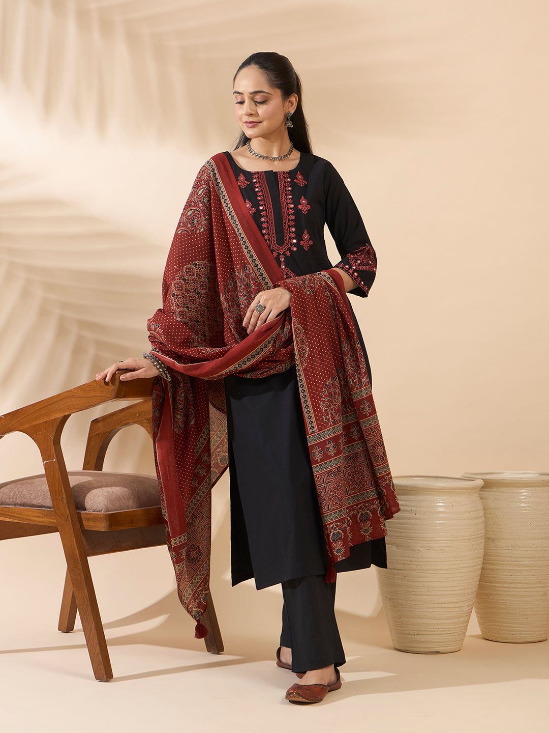 FIORRA Women's Black Embroidered Cotton Kurta Set with Dupatta