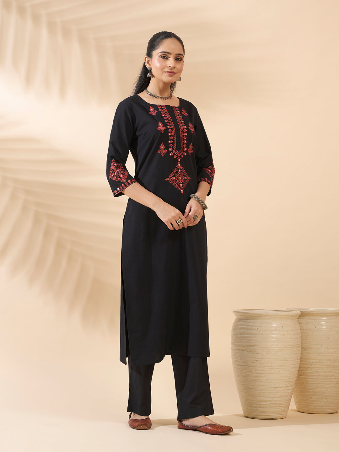 FIORRA Women's Black Embroidered Cotton Kurta Set with Dupatta