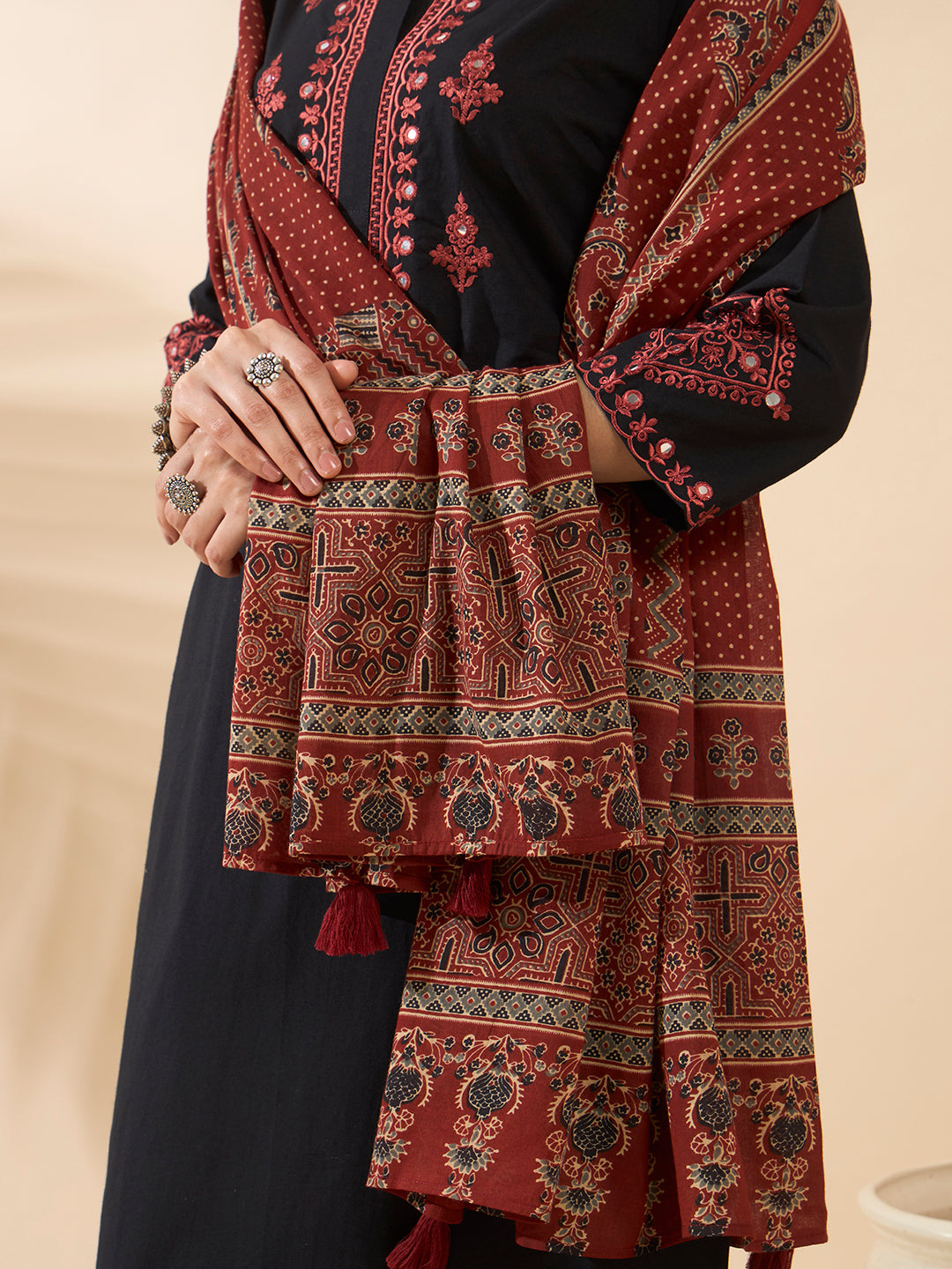 FIORRA Women's Black Embroidered Cotton Kurta Set with Dupatta