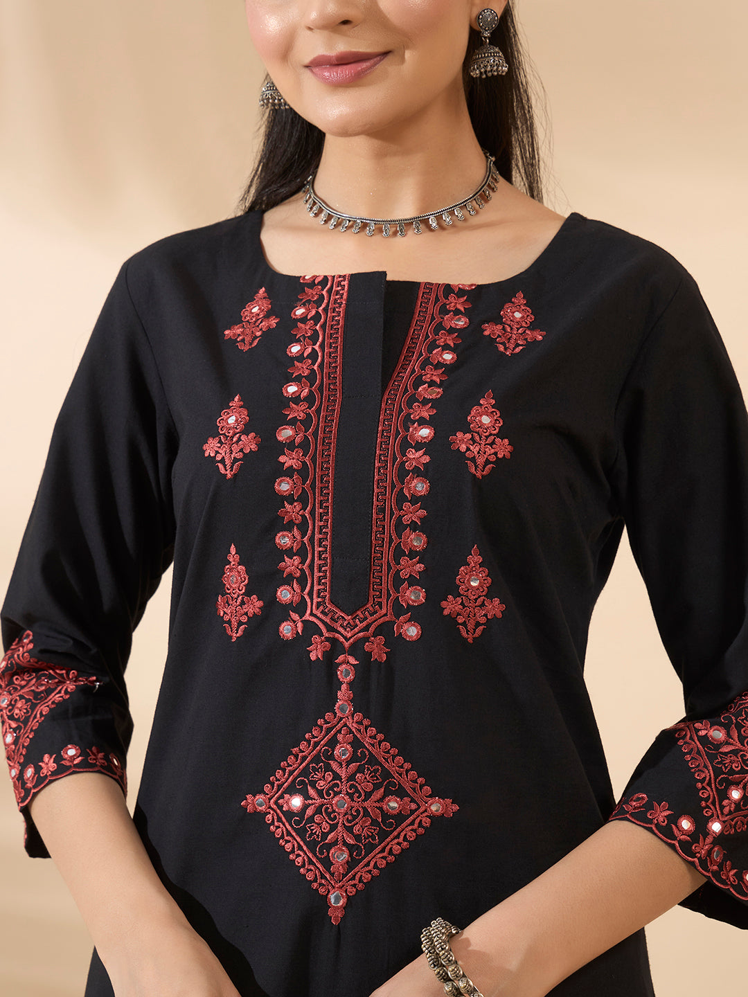 FIORRA Women's Black Embroidered Cotton Kurta Set with Dupatta