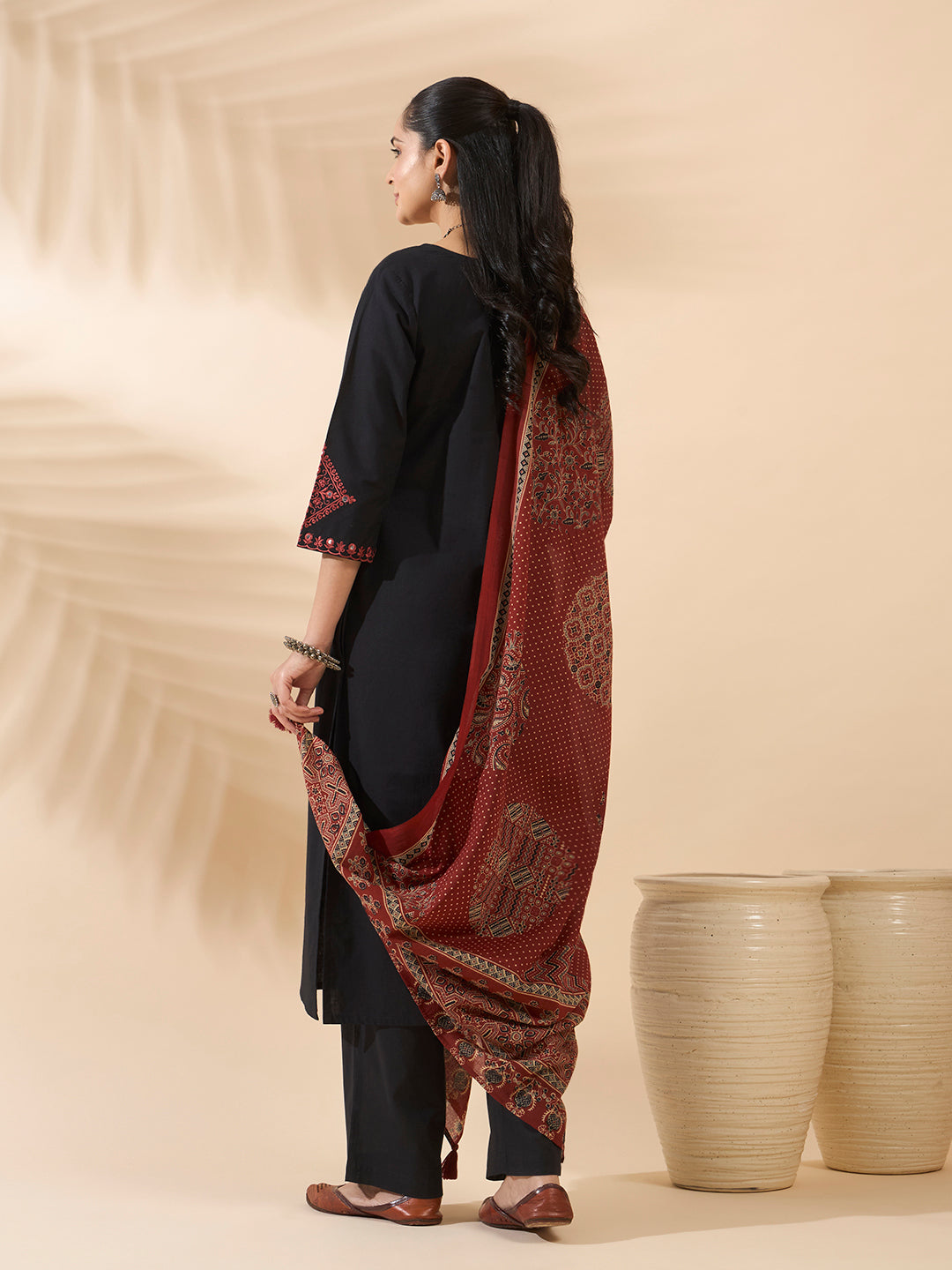 FIORRA Women's Black Embroidered Cotton Kurta Set with Dupatta