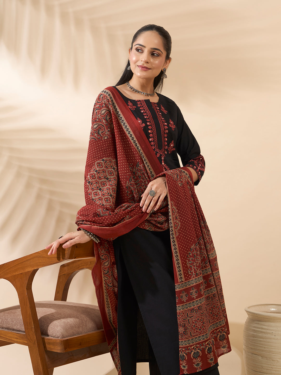 FIORRA Women's Black Embroidered Cotton Kurta Set with Dupatta