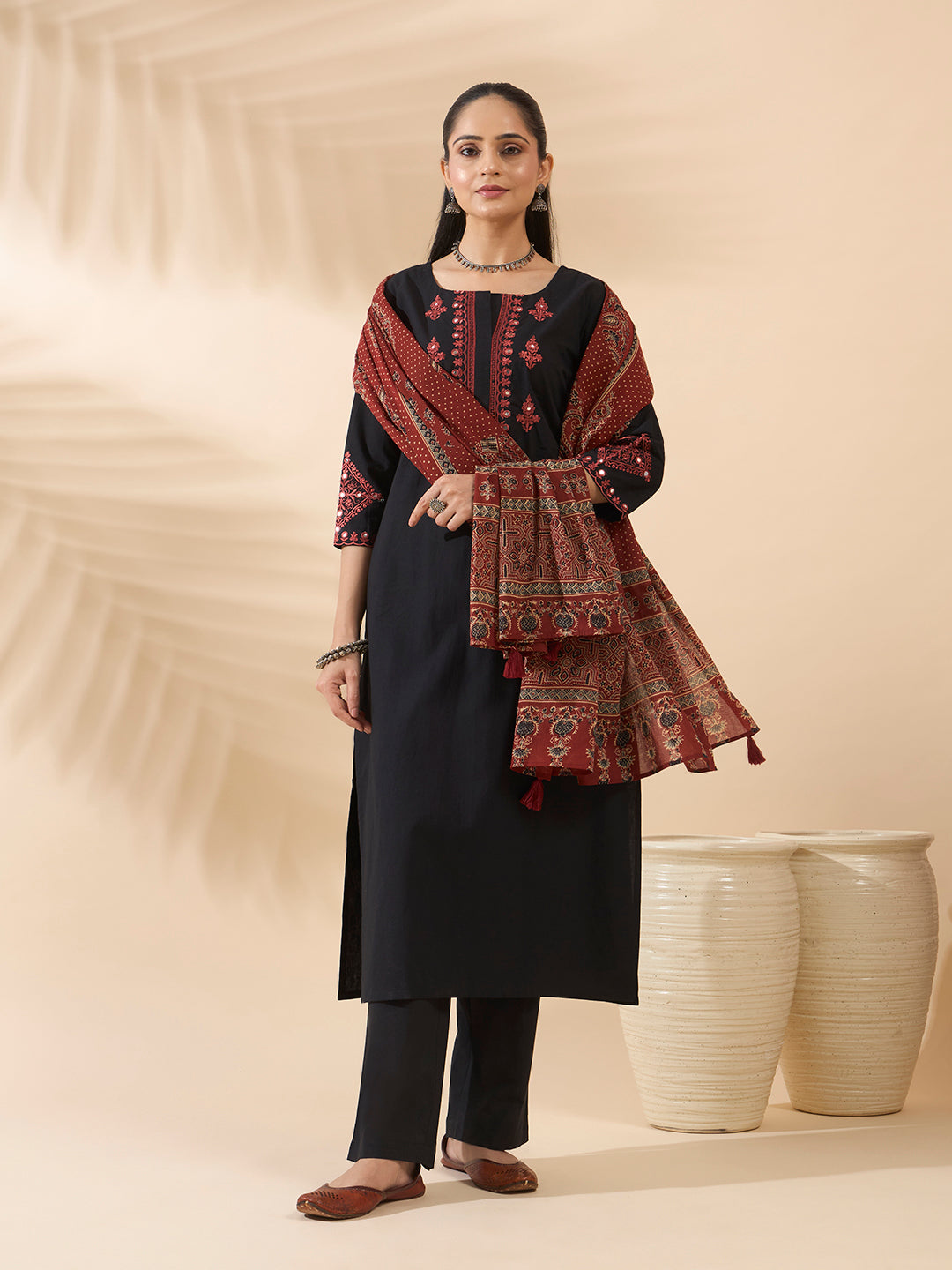 FIORRA Women's Black Embroidered Cotton Kurta Set with Dupatta