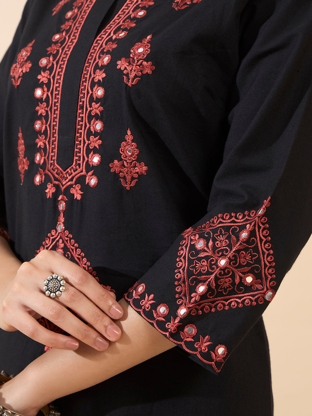 FIORRA Women's Black Embroidered Cotton Kurta Set with Dupatta