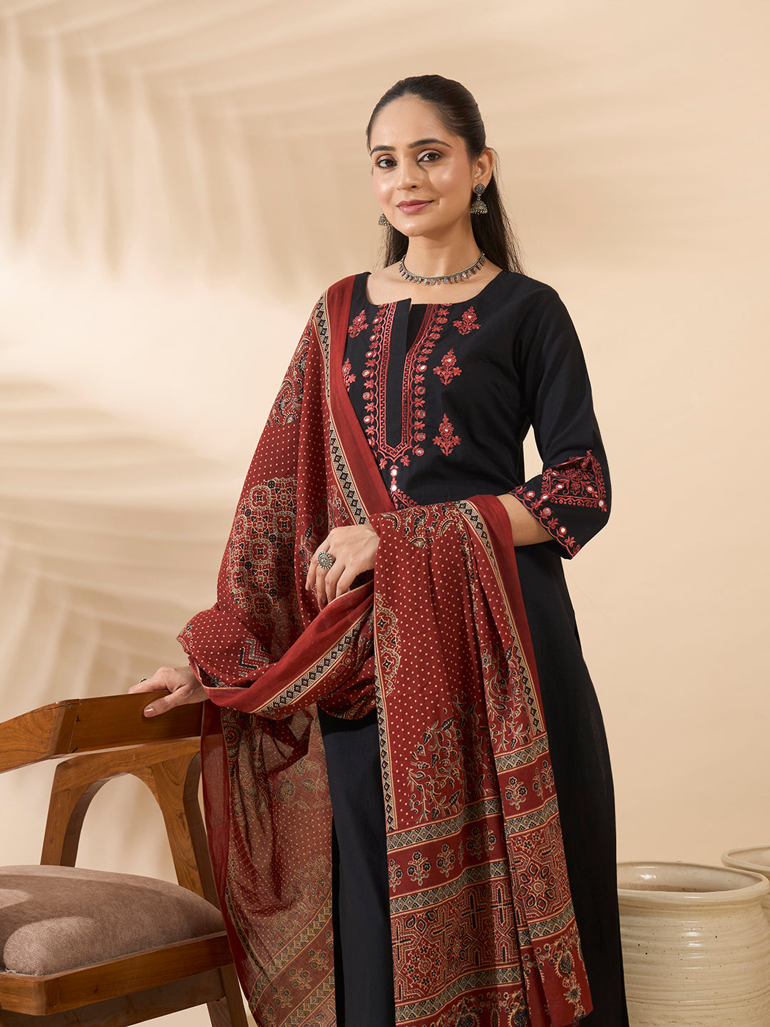 FIORRA Women's Black Embroidered Cotton Kurta Set with Dupatta