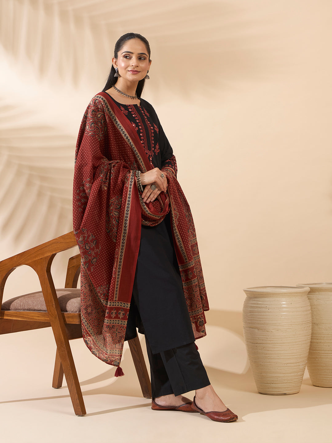 FIORRA Women's Black Embroidered Cotton Kurta Set with Dupatta