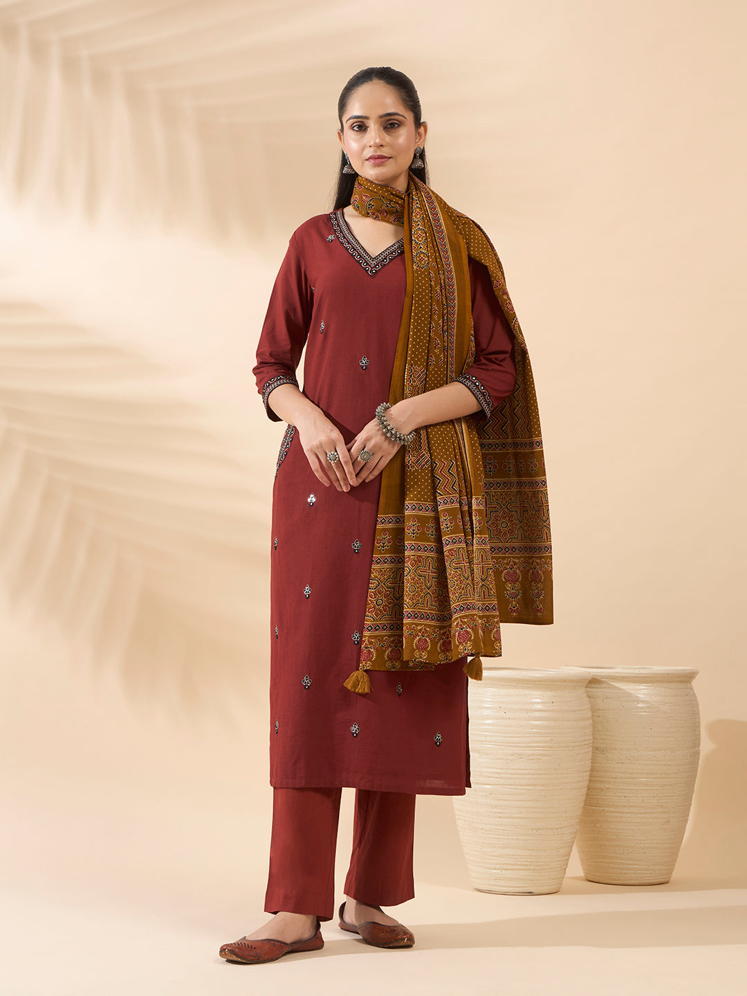 FIORRA Women's Maroon Embroidered Cotton Kurta Set with Dupatta