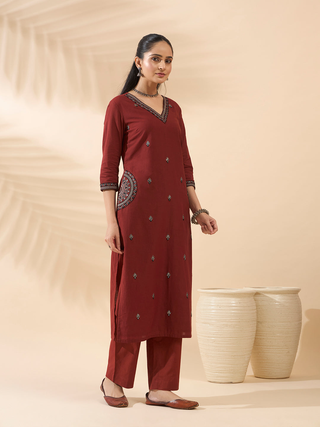 FIORRA Women's Maroon Embroidered Cotton Kurta Set with Dupatta