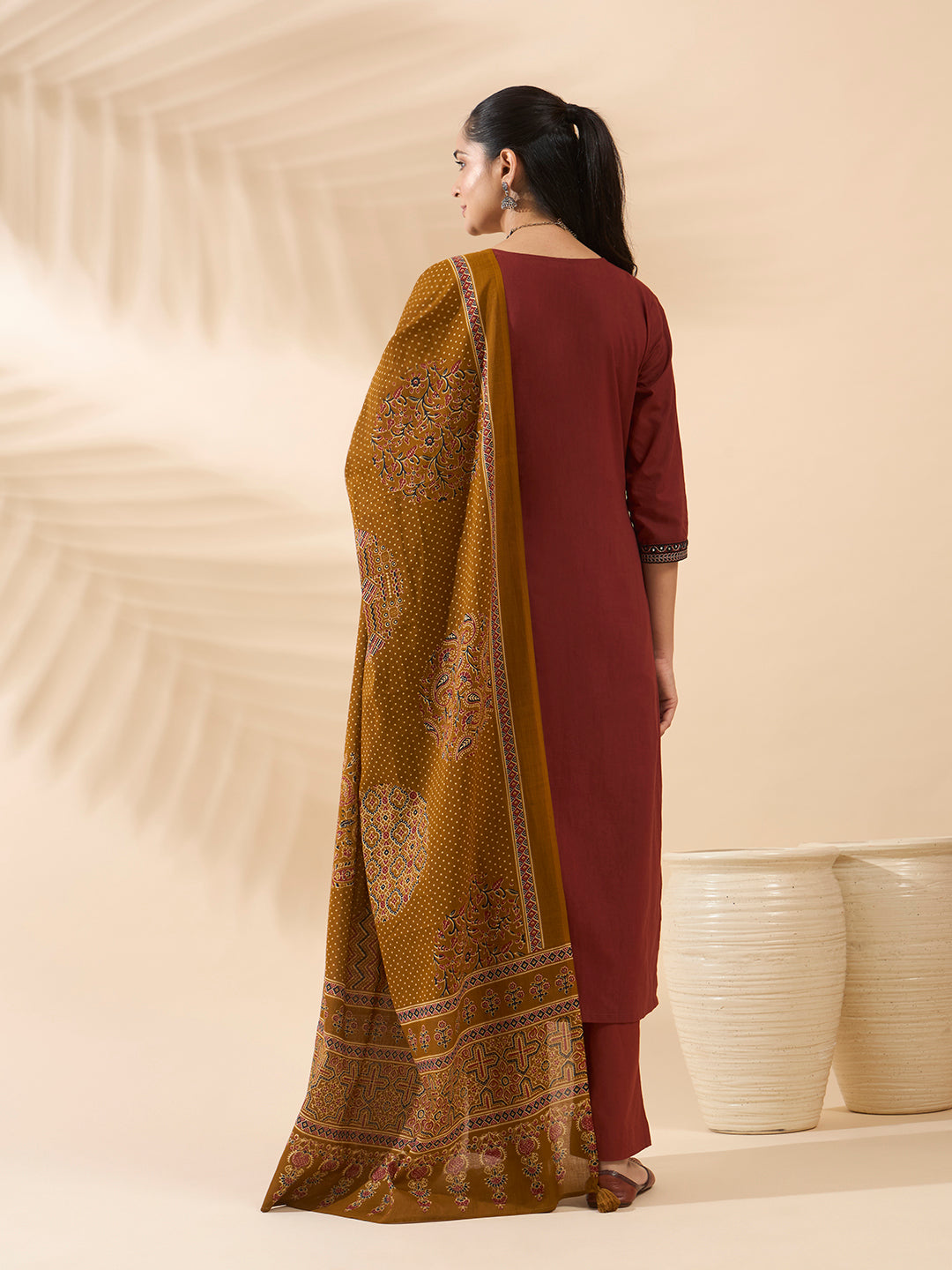 FIORRA Women's Maroon Embroidered Cotton Kurta Set with Dupatta
