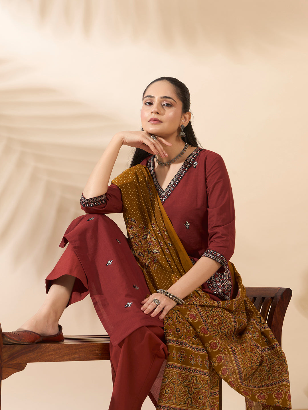FIORRA Women's Maroon Embroidered Cotton Kurta Set with Dupatta