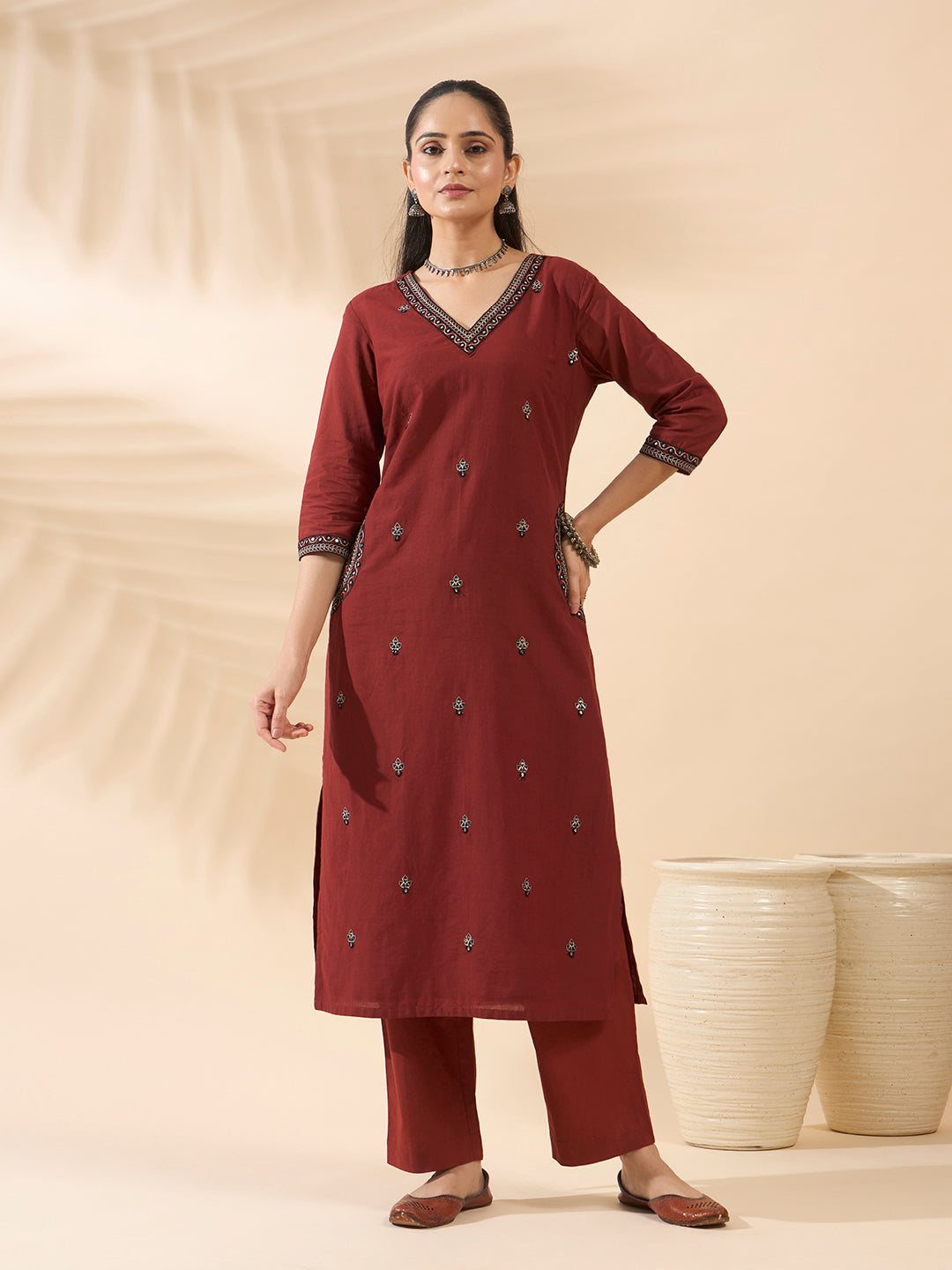 FIORRA Women's Maroon Embroidered Cotton Kurta Set with Dupatta