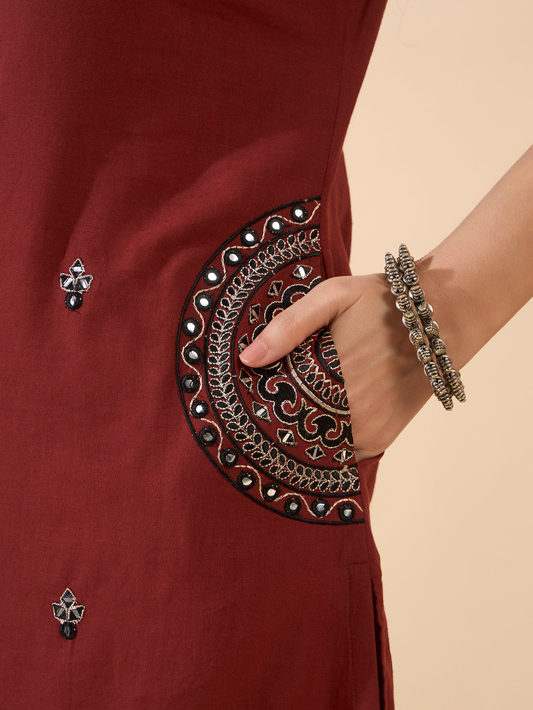 FIORRA Women's Maroon Embroidered Cotton Kurta Set with Dupatta