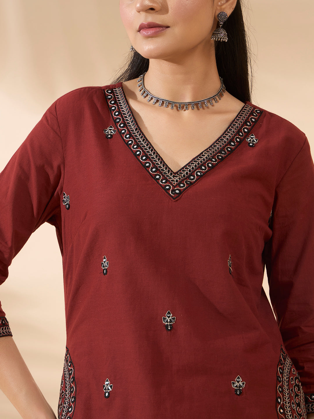 FIORRA Women's Maroon Embroidered Cotton Kurta Set with Dupatta