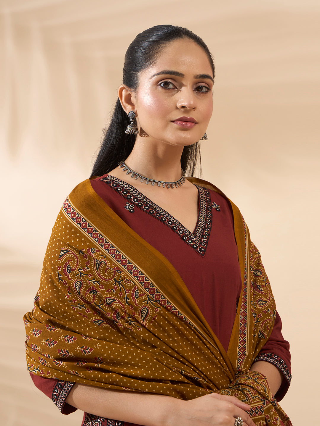 FIORRA Women's Maroon Embroidered Cotton Kurta Set with Dupatta