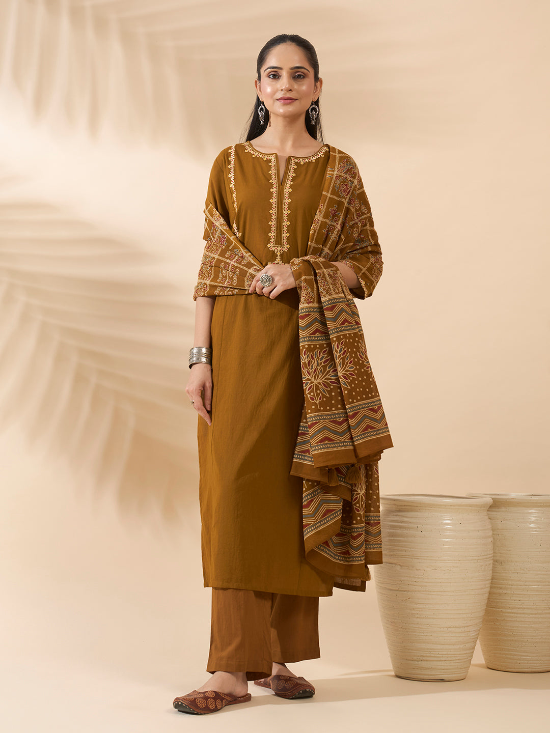 FIORRA Women's Mustard Embroidered Pure Cotton Kurta Set with Dupatta