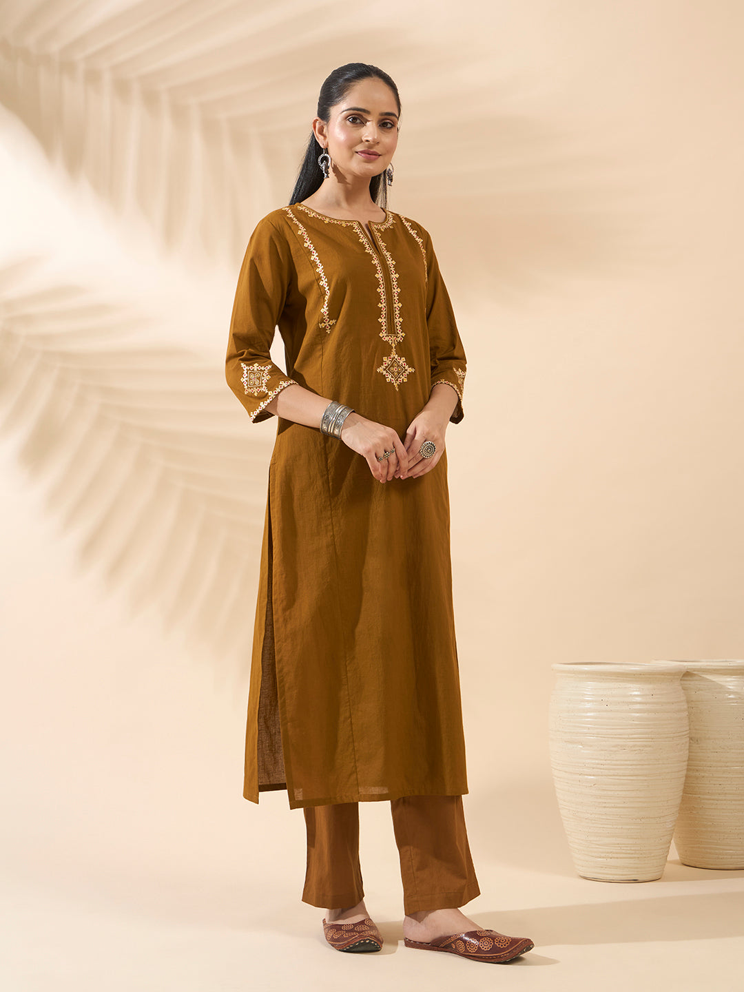 FIORRA Women's Mustard Embroidered Pure Cotton Kurta Set with Dupatta