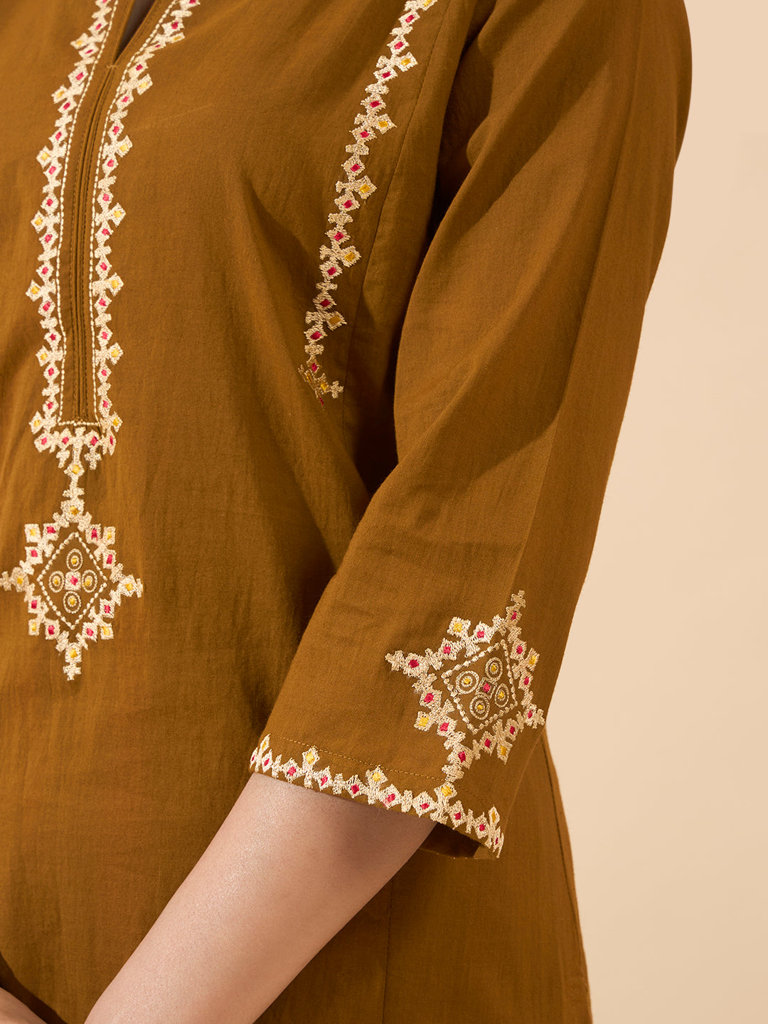 FIORRA Women's Mustard Embroidered Pure Cotton Kurta Set with Dupatta