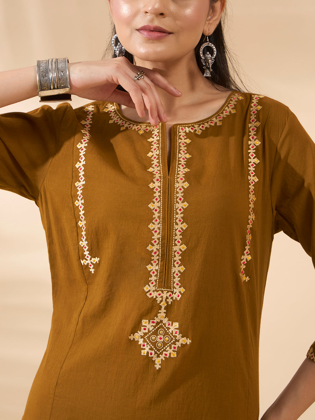 FIORRA Women's Mustard Embroidered Pure Cotton Kurta Set with Dupatta
