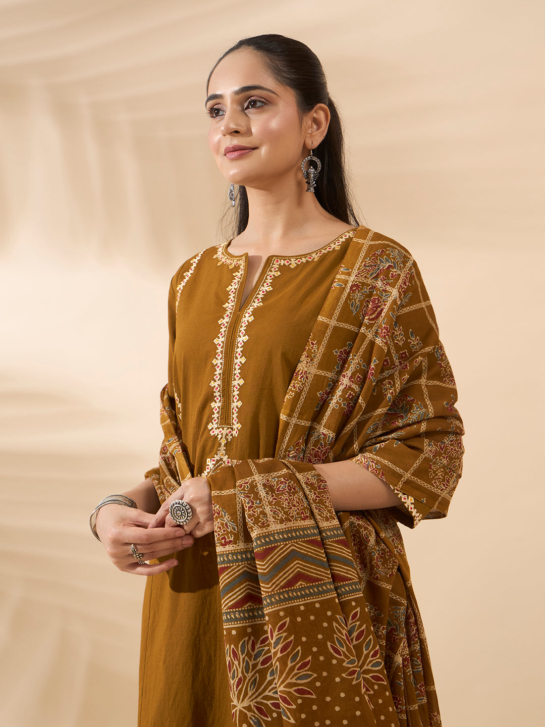 FIORRA Women's Mustard Embroidered Pure Cotton Kurta Set with Dupatta