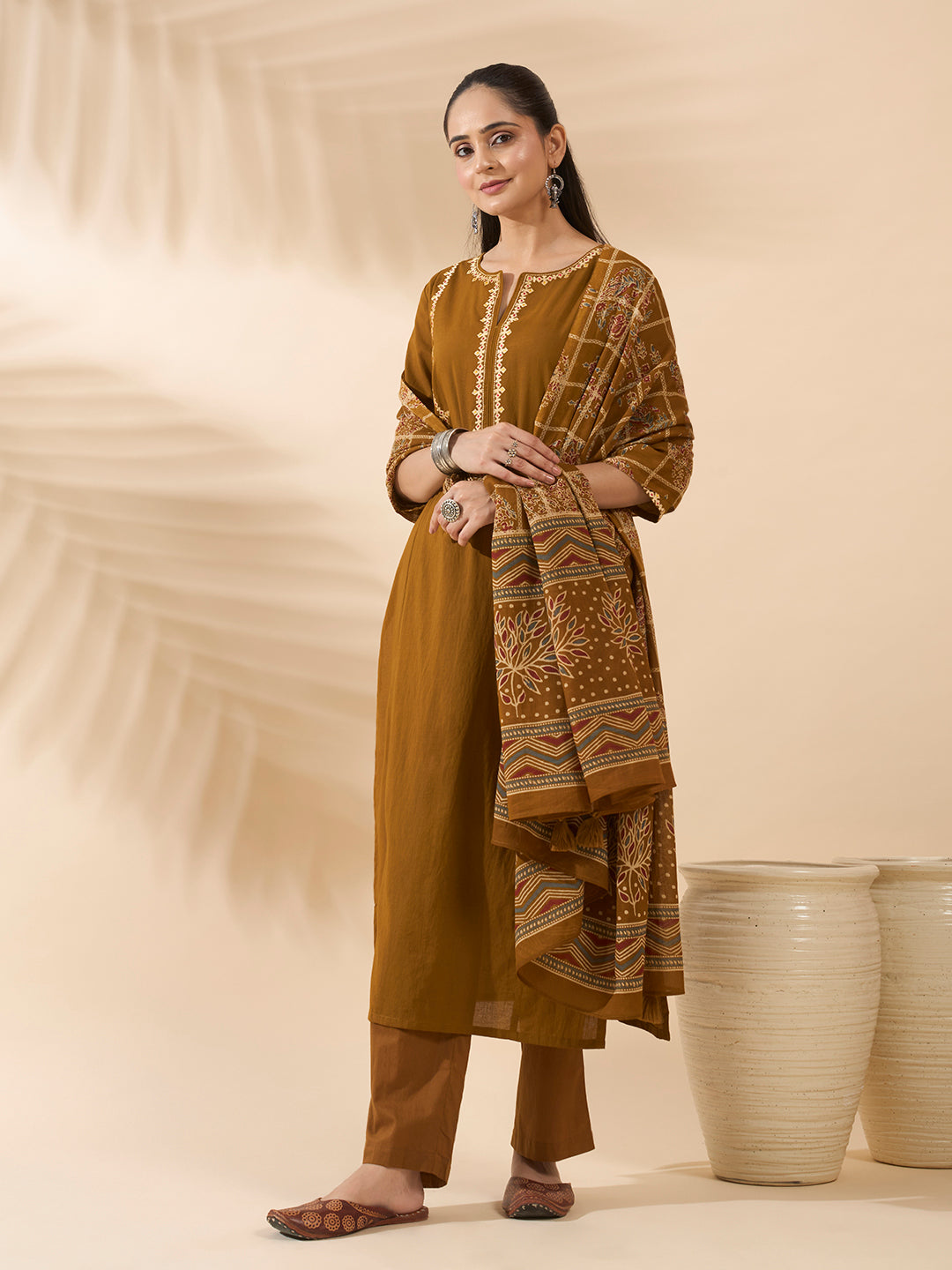 FIORRA Women's Mustard Embroidered Pure Cotton Kurta Set with Dupatta