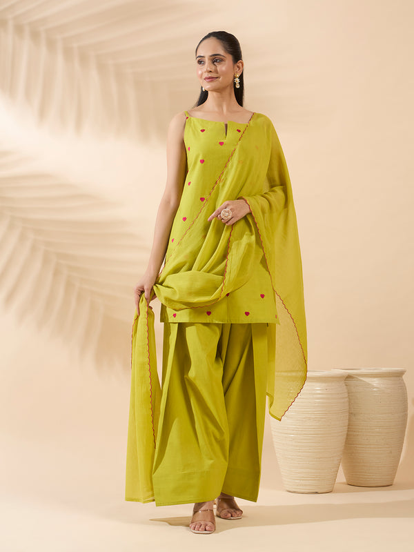 FIORRA Women's Lemon Yellow Embroidered Cotton Farsi Salwar Suit Set with Dupatta