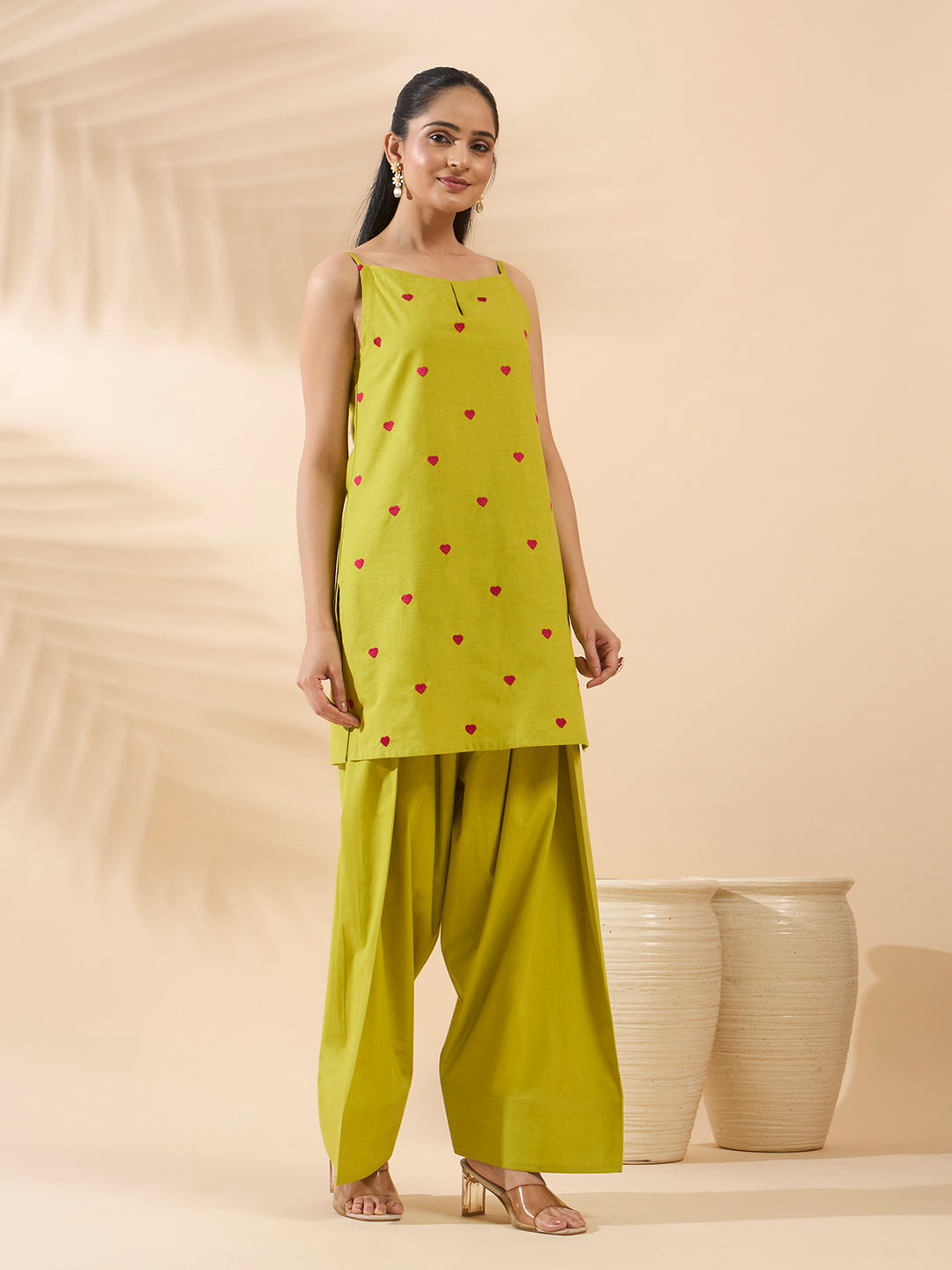 FIORRA Women's Lemon Yellow Embroidered Cotton Farsi Salwar Suit Set with Dupatta