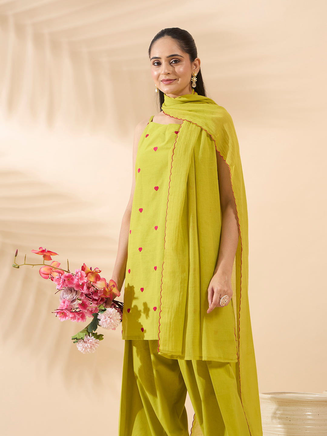 FIORRA Women's Lemon Yellow Embroidered Cotton Farsi Salwar Suit Set with Dupatta