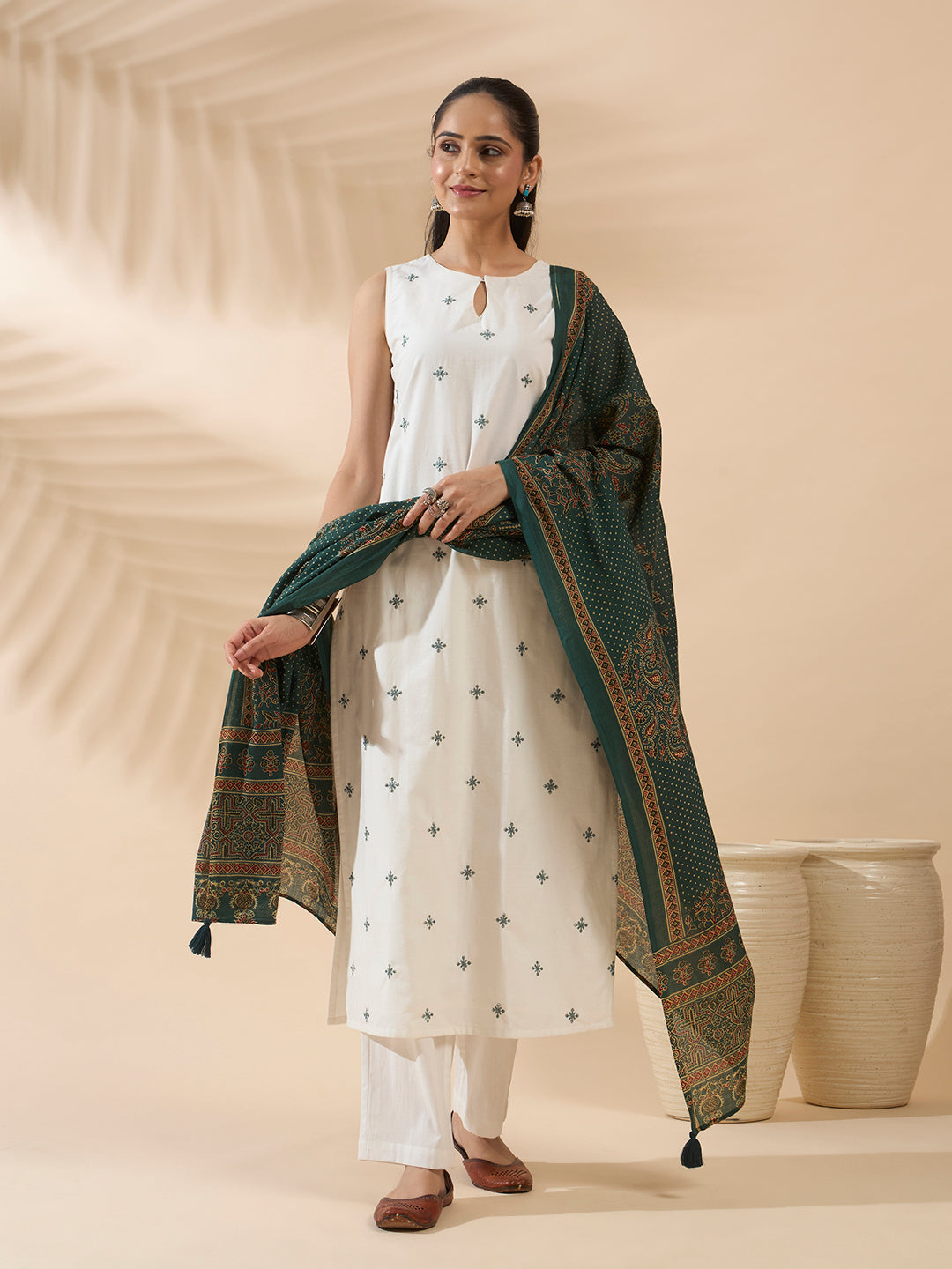 FIORRA Women's White Embroidered Cotton Kurta Set with Dupatta