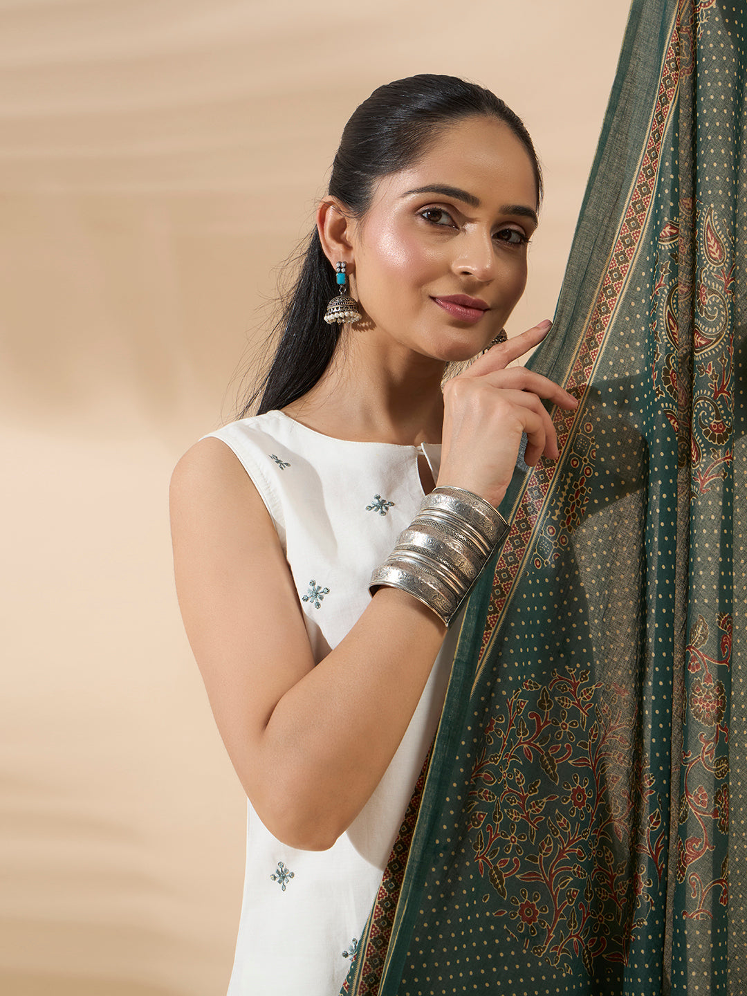 FIORRA Women's White Embroidered Cotton Kurta Set with Dupatta