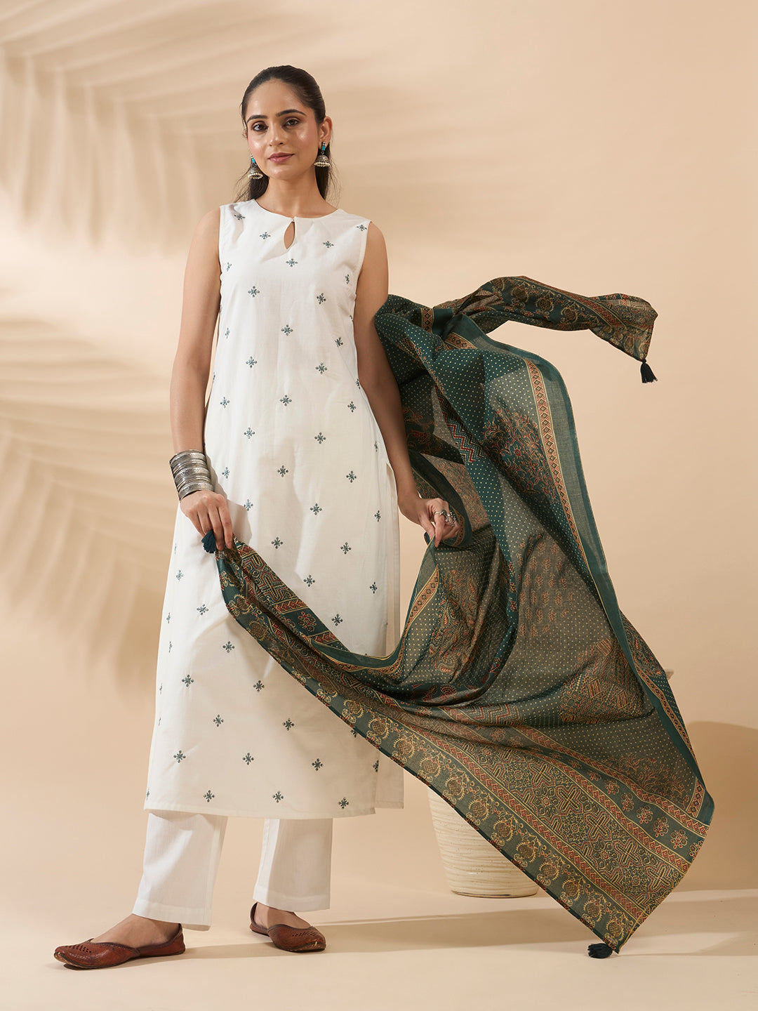 FIORRA Women's White Embroidered Cotton Kurta Set with Dupatta