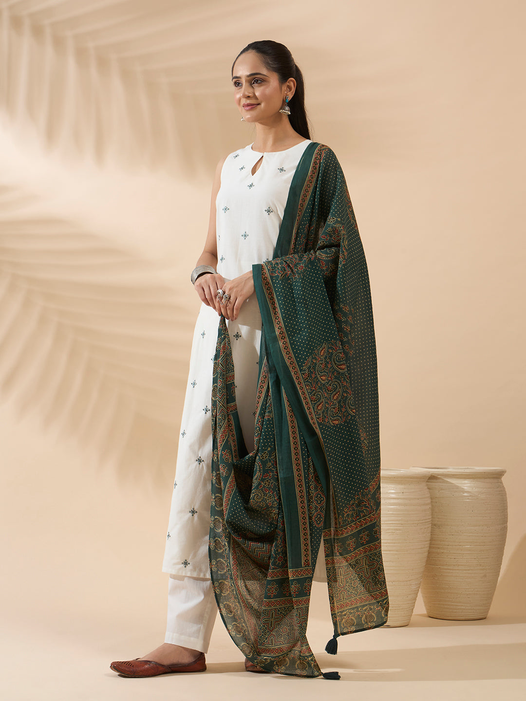 FIORRA Women's White Embroidered Cotton Kurta Set with Dupatta