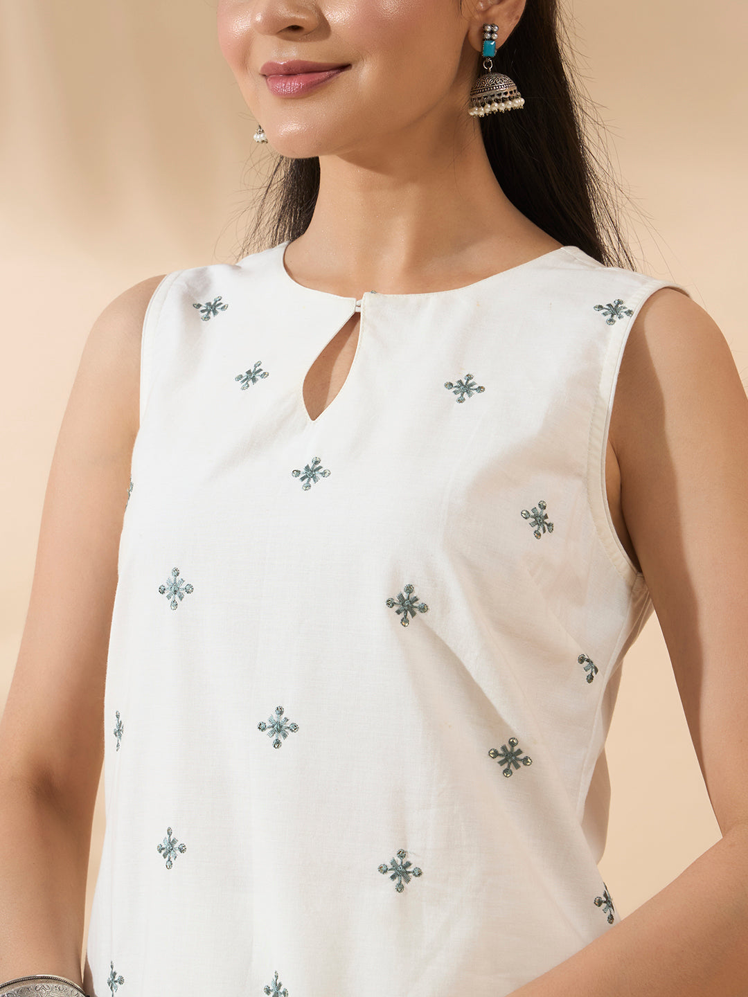 FIORRA Women's White Embroidered Cotton Kurta Set with Dupatta