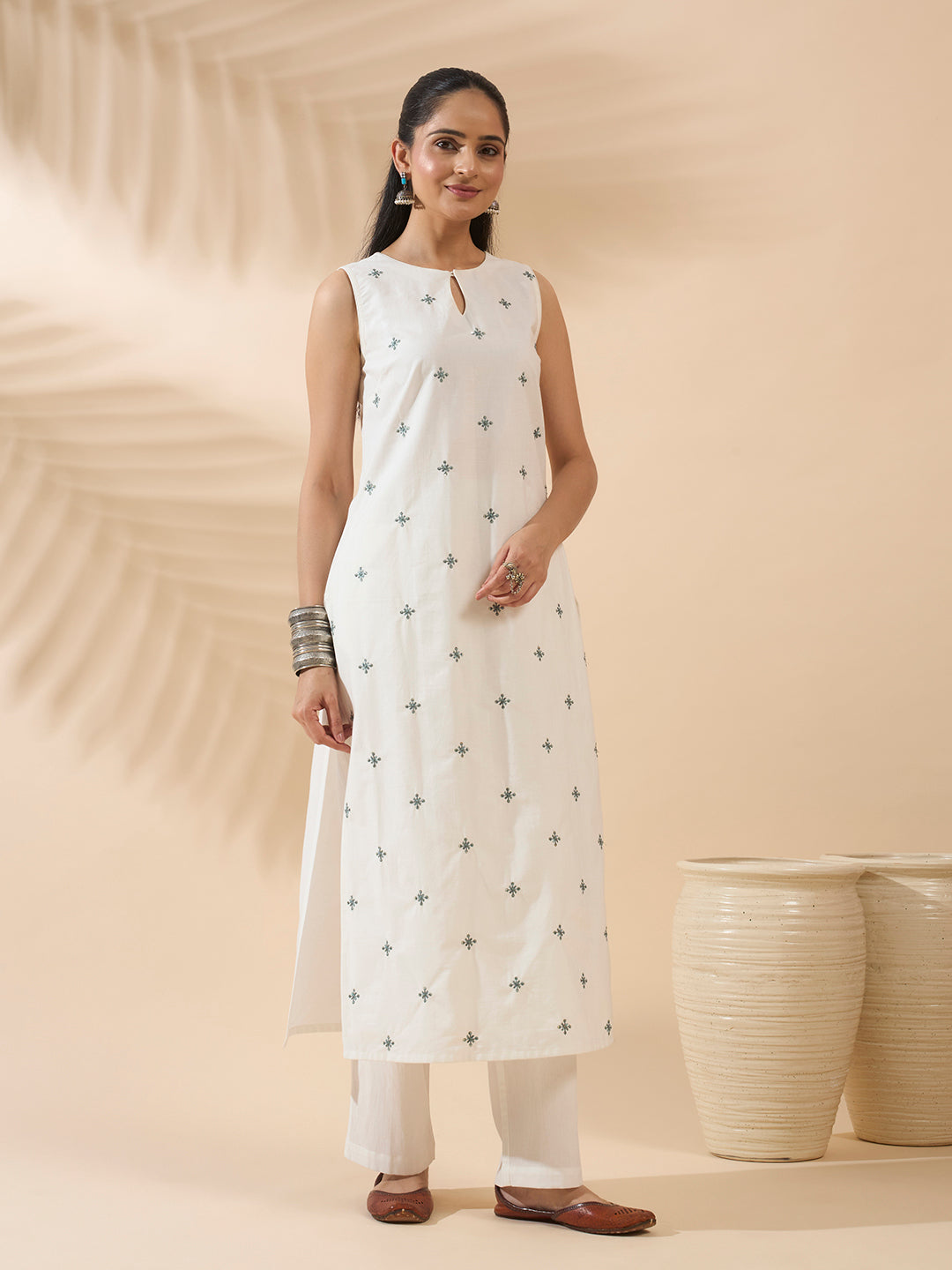 FIORRA Women's White Embroidered Cotton Kurta Set with Dupatta