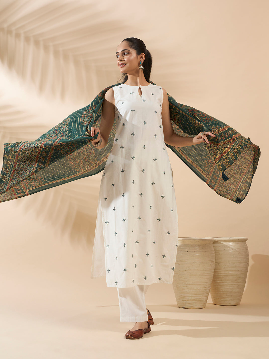 FIORRA Women's White Embroidered Cotton Kurta Set with Dupatta