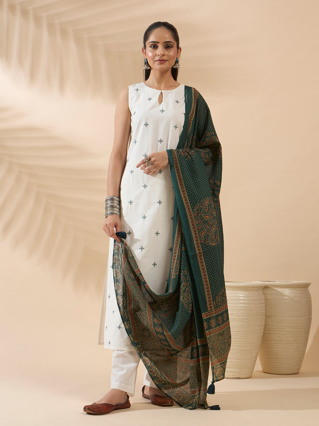 FIORRA Women's White Embroidered Cotton Kurta Set with Dupatta