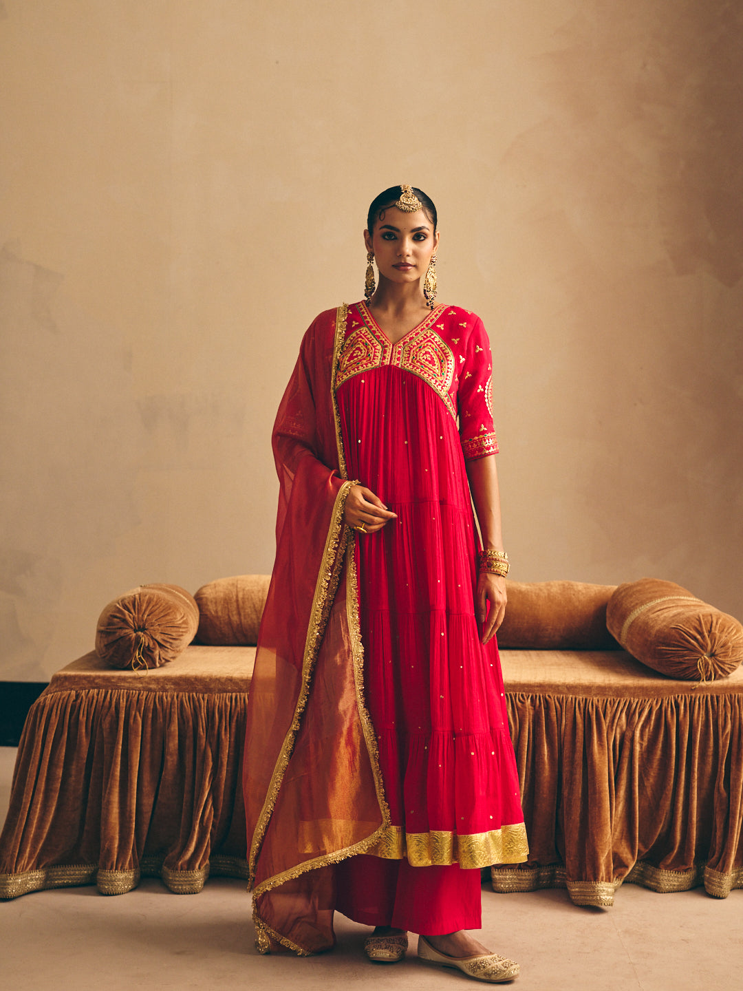 Women's Red Embroidered Flared Anarkali Kurta with Palazzo & Dupatta