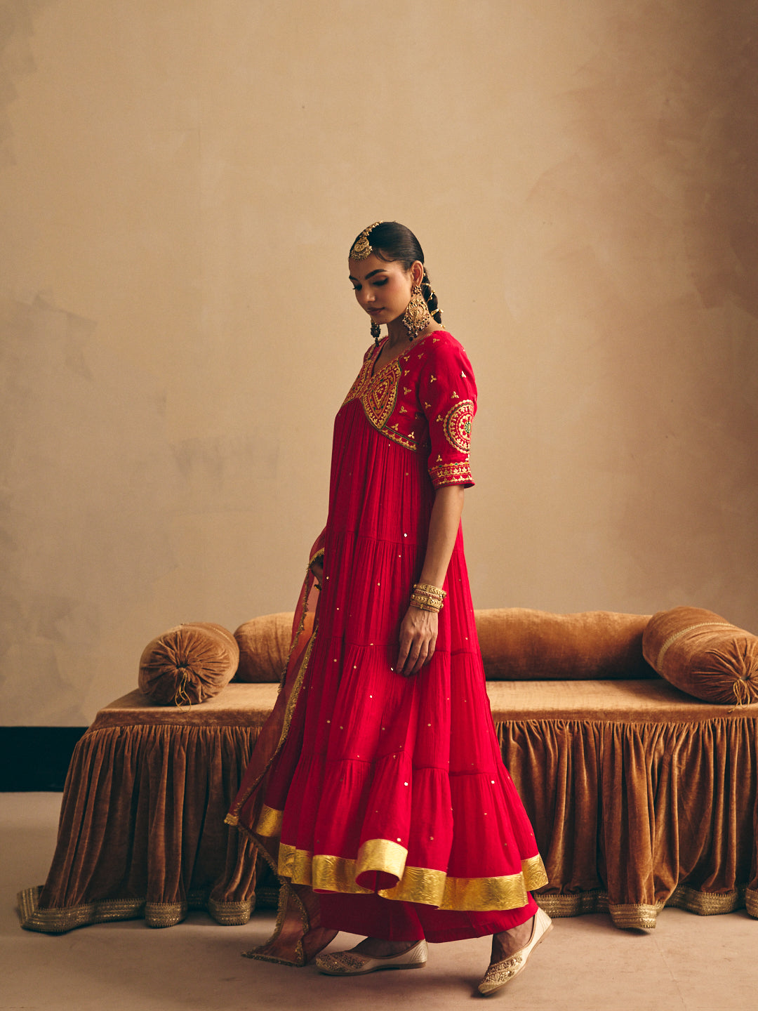 Women's Red Embroidered Flared Anarkali Kurta with Palazzo & Dupatta