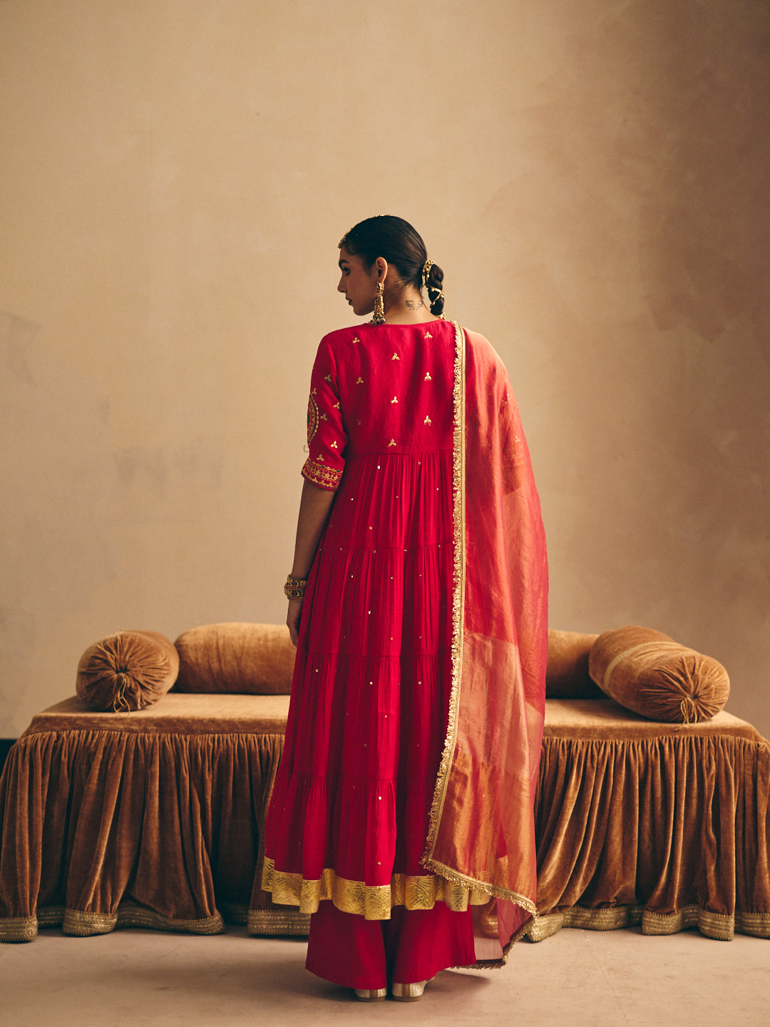 Women's Red Embroidered Flared Anarkali Kurta with Palazzo & Dupatta