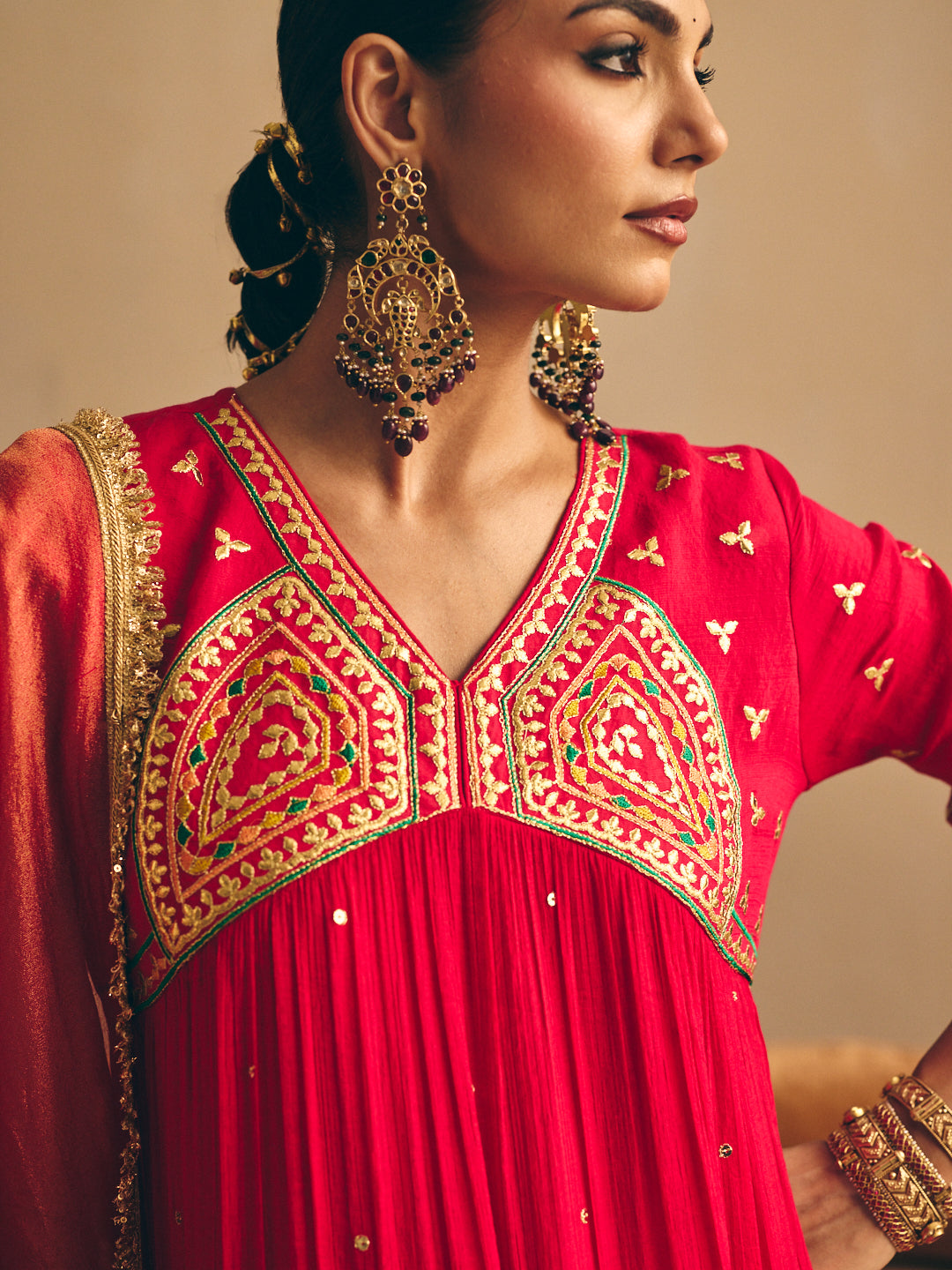Women's Red Embroidered Flared Anarkali Kurta with Palazzo & Dupatta
