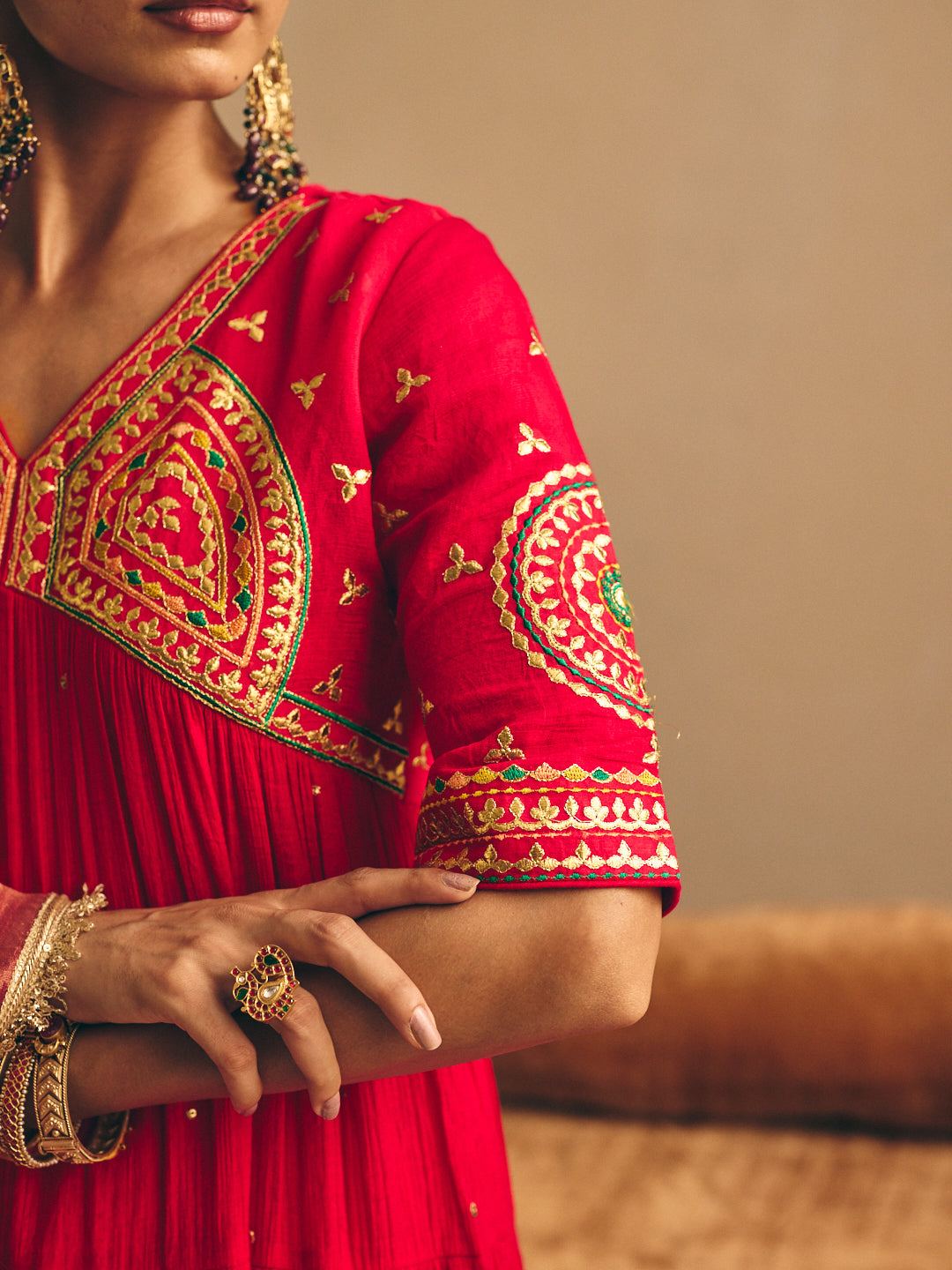 Women's Red Embroidered Flared Anarkali Kurta with Palazzo & Dupatta