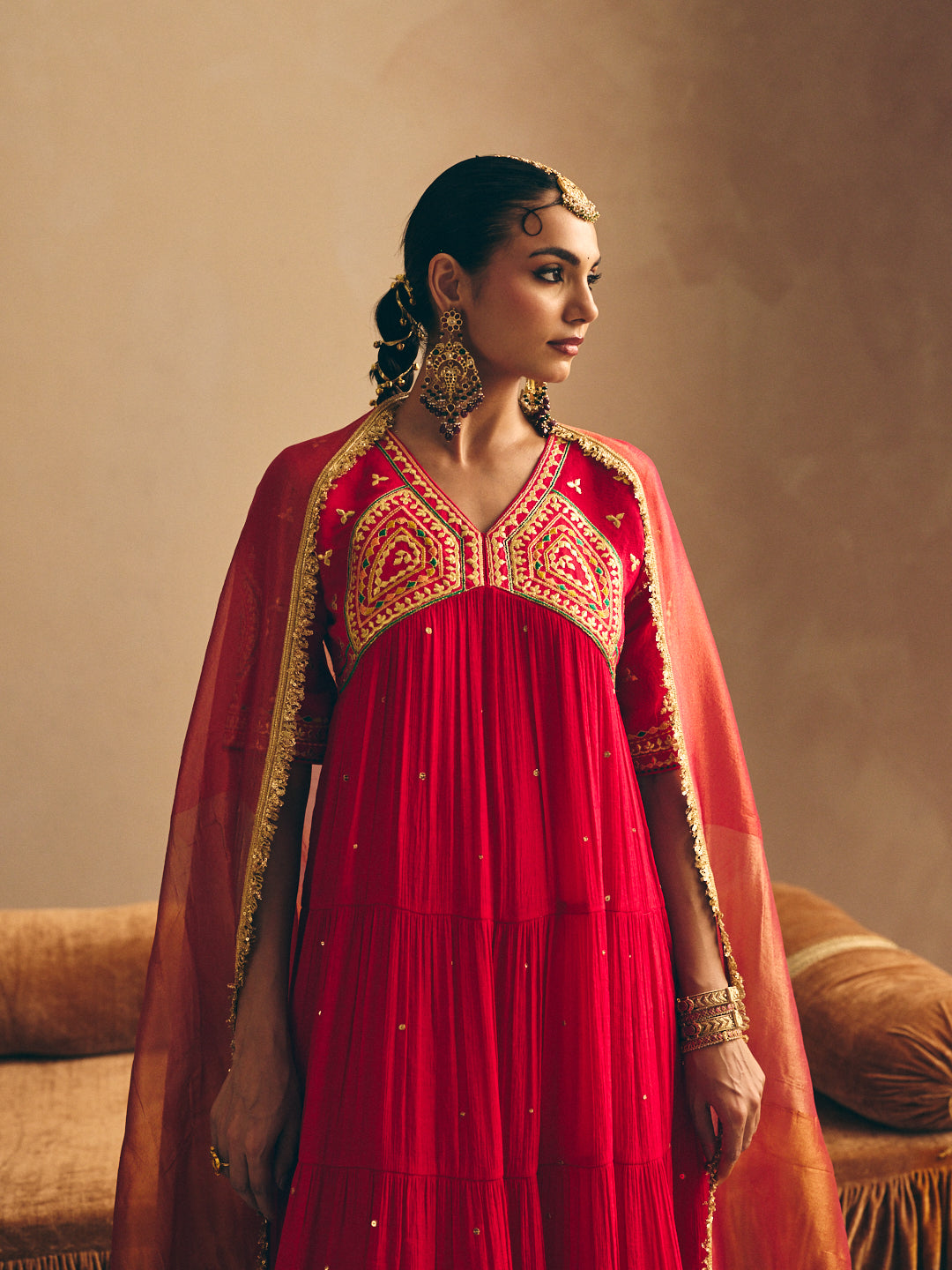 Women's Red Embroidered Flared Anarkali Kurta with Palazzo & Dupatta