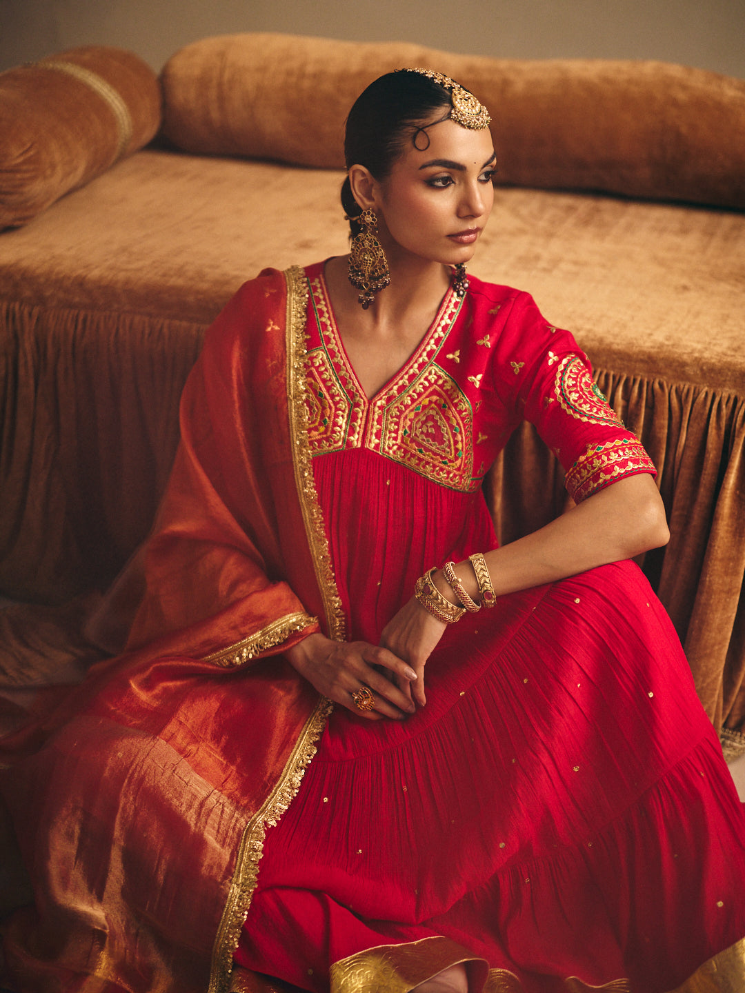 Women's Red Embroidered Flared Anarkali Kurta with Palazzo & Dupatta