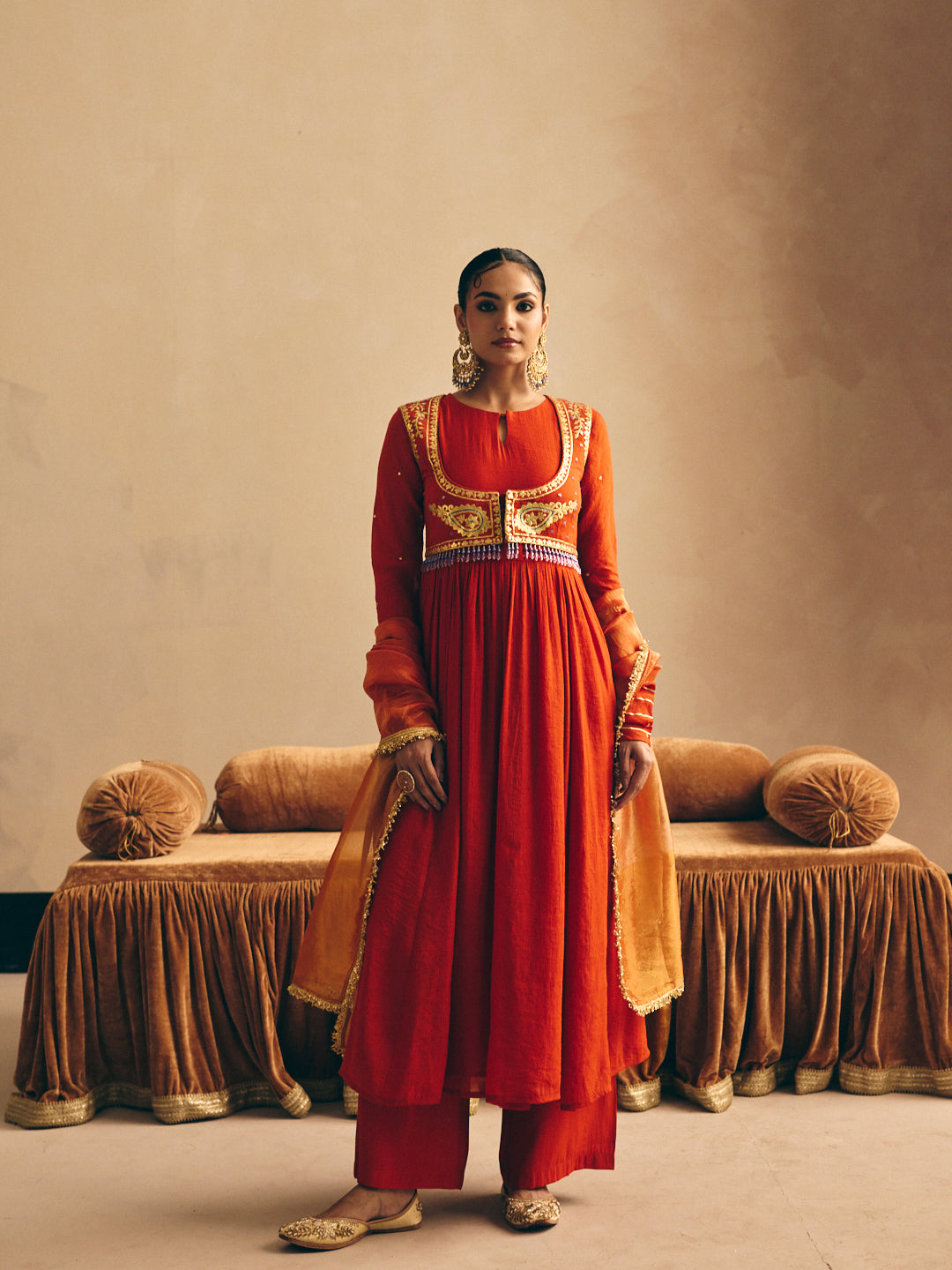Women's Rust Embroidered Anarkali Kurta with Palazzo & Dupatta