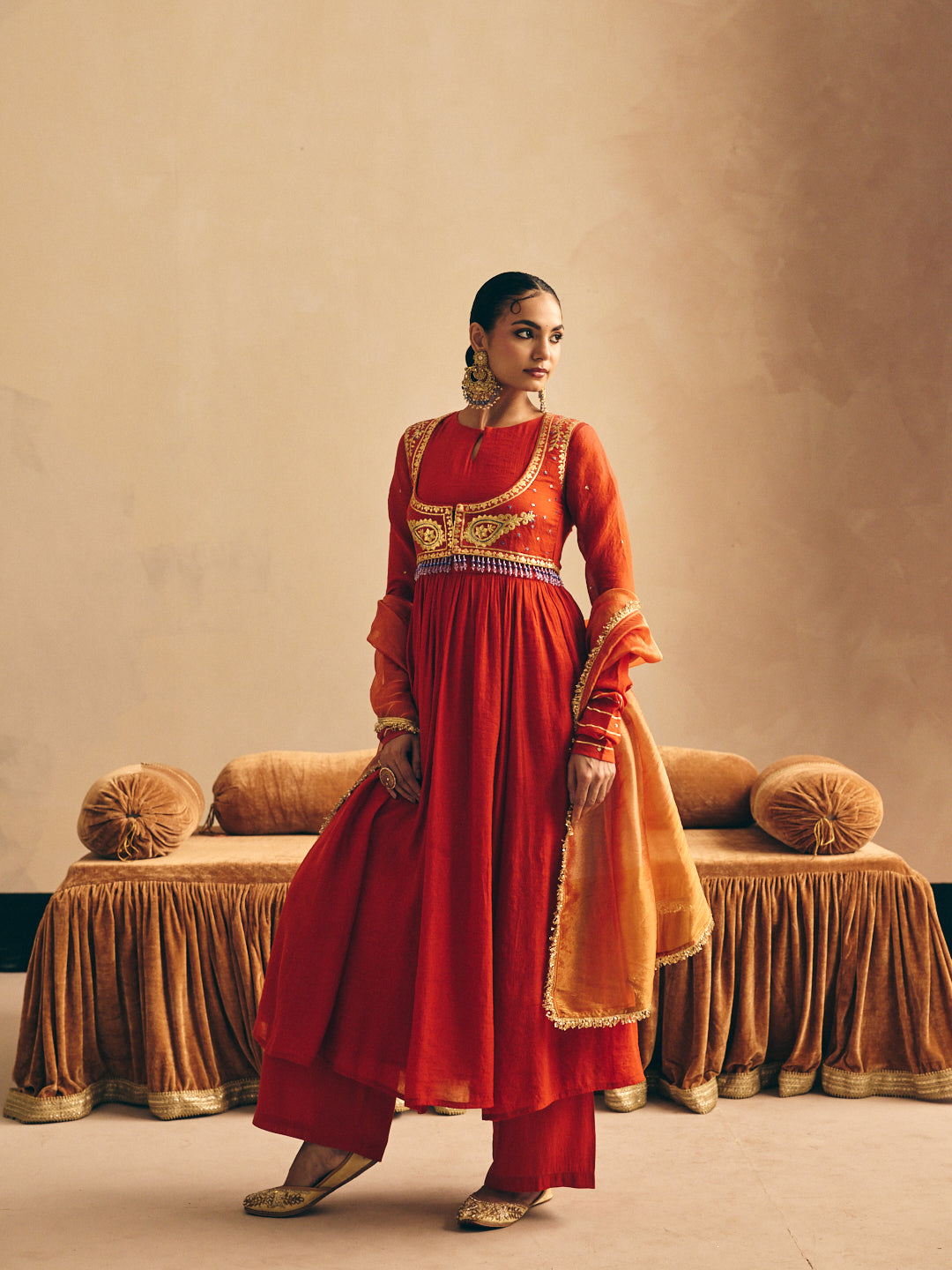 Women's Rust Embroidered Anarkali Kurta with Palazzo & Dupatta