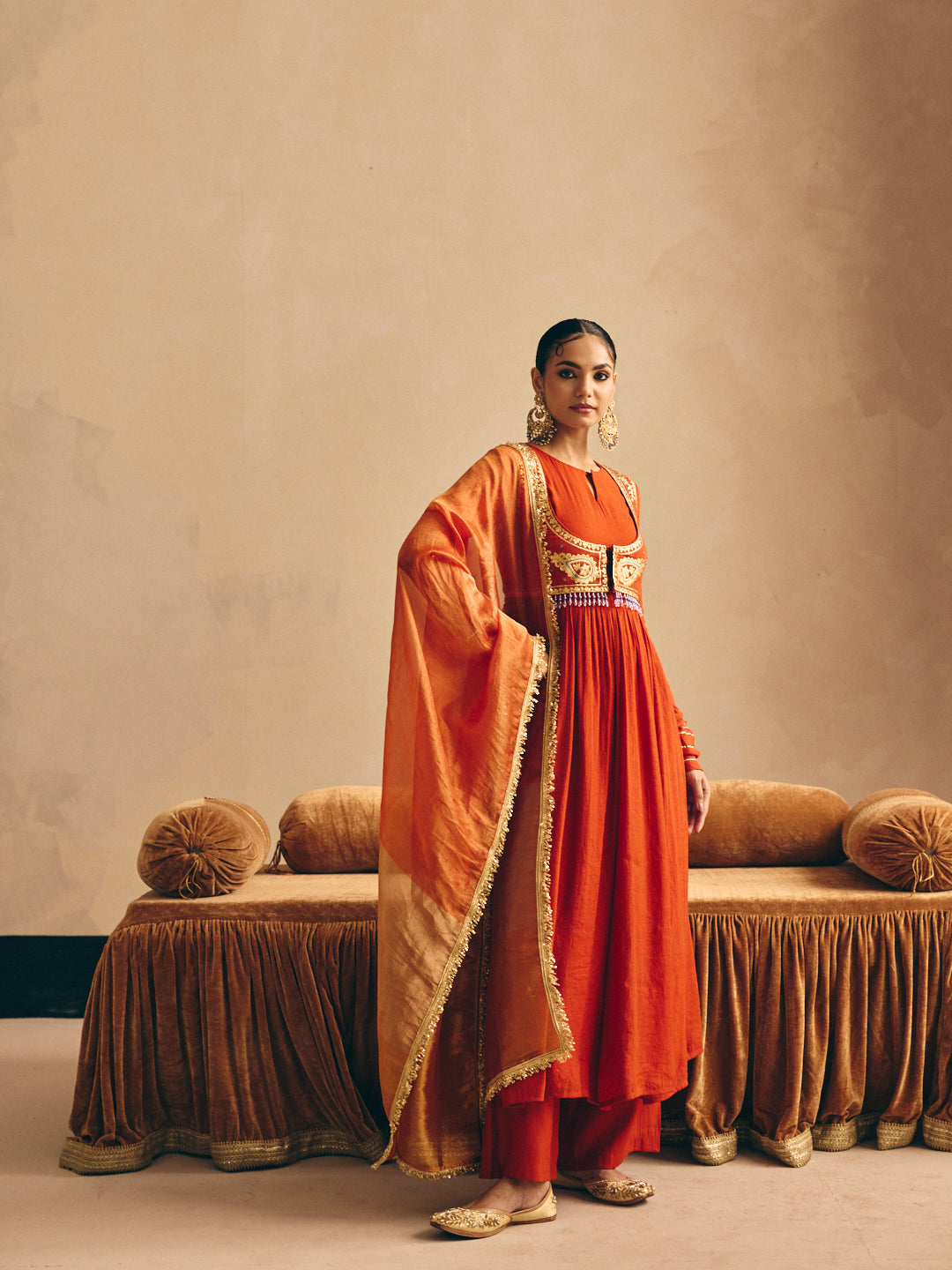 Women's Rust Embroidered Anarkali Kurta with Palazzo & Dupatta