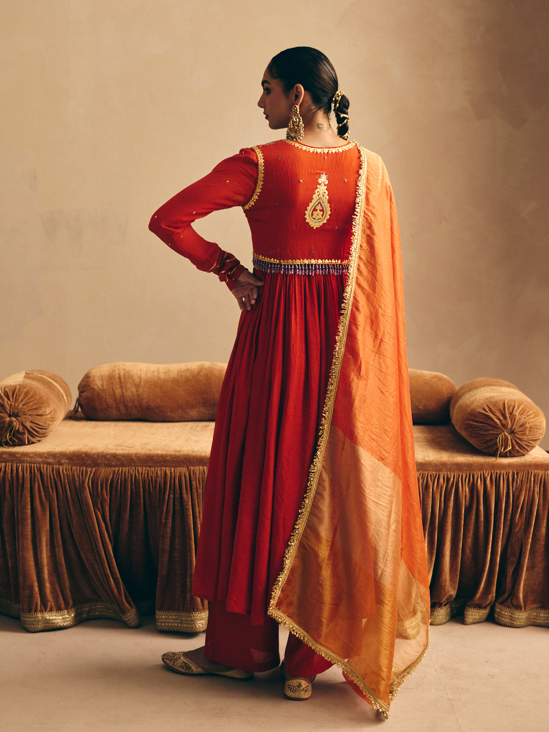 Women's Rust Embroidered Anarkali Kurta with Palazzo & Dupatta