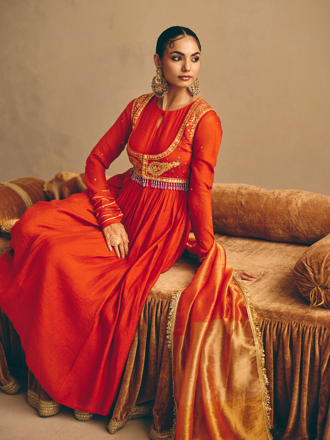 Women's Rust Embroidered Anarkali Kurta with Palazzo & Dupatta