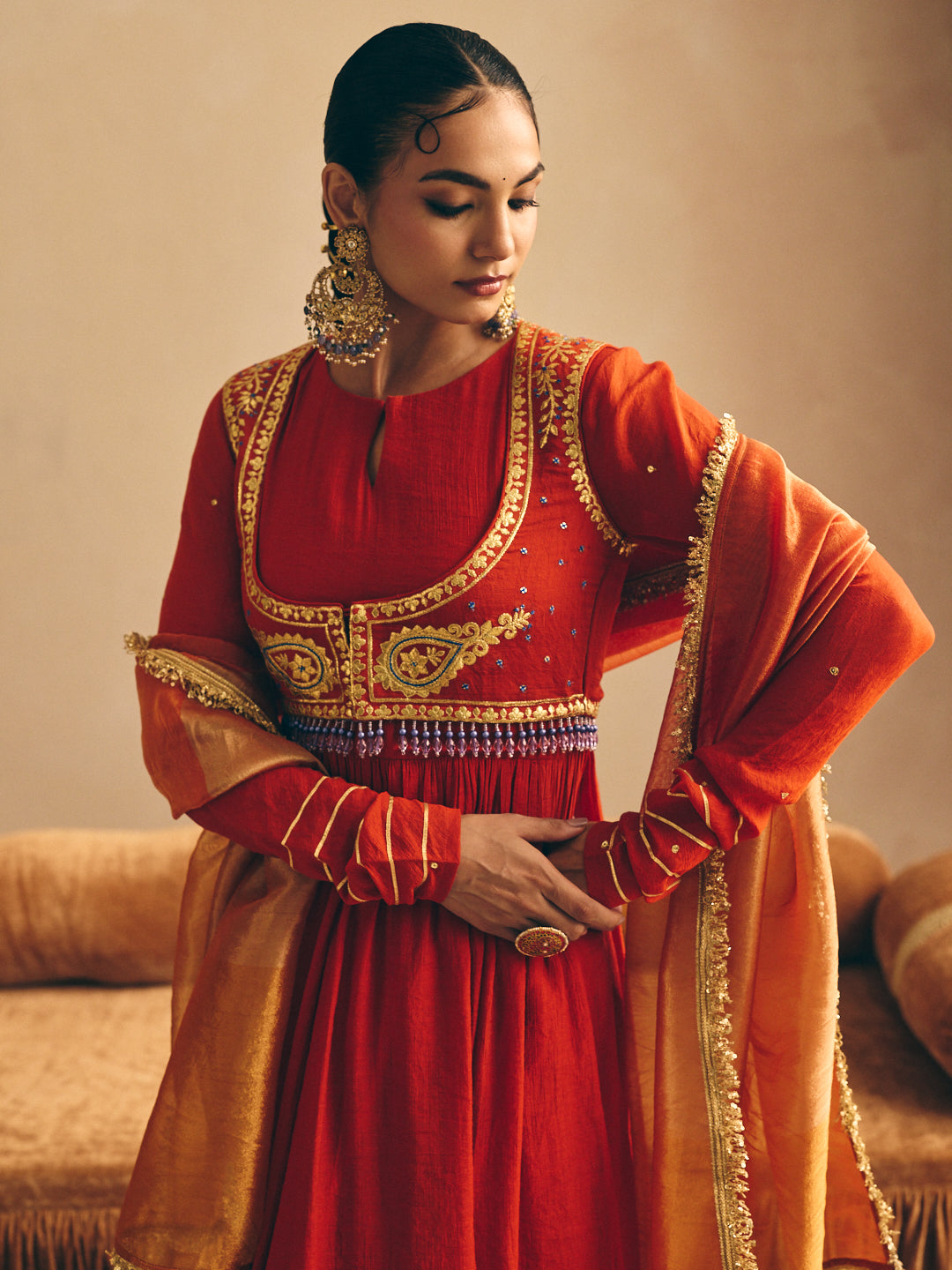 Women's Rust Embroidered Anarkali Kurta with Palazzo & Dupatta