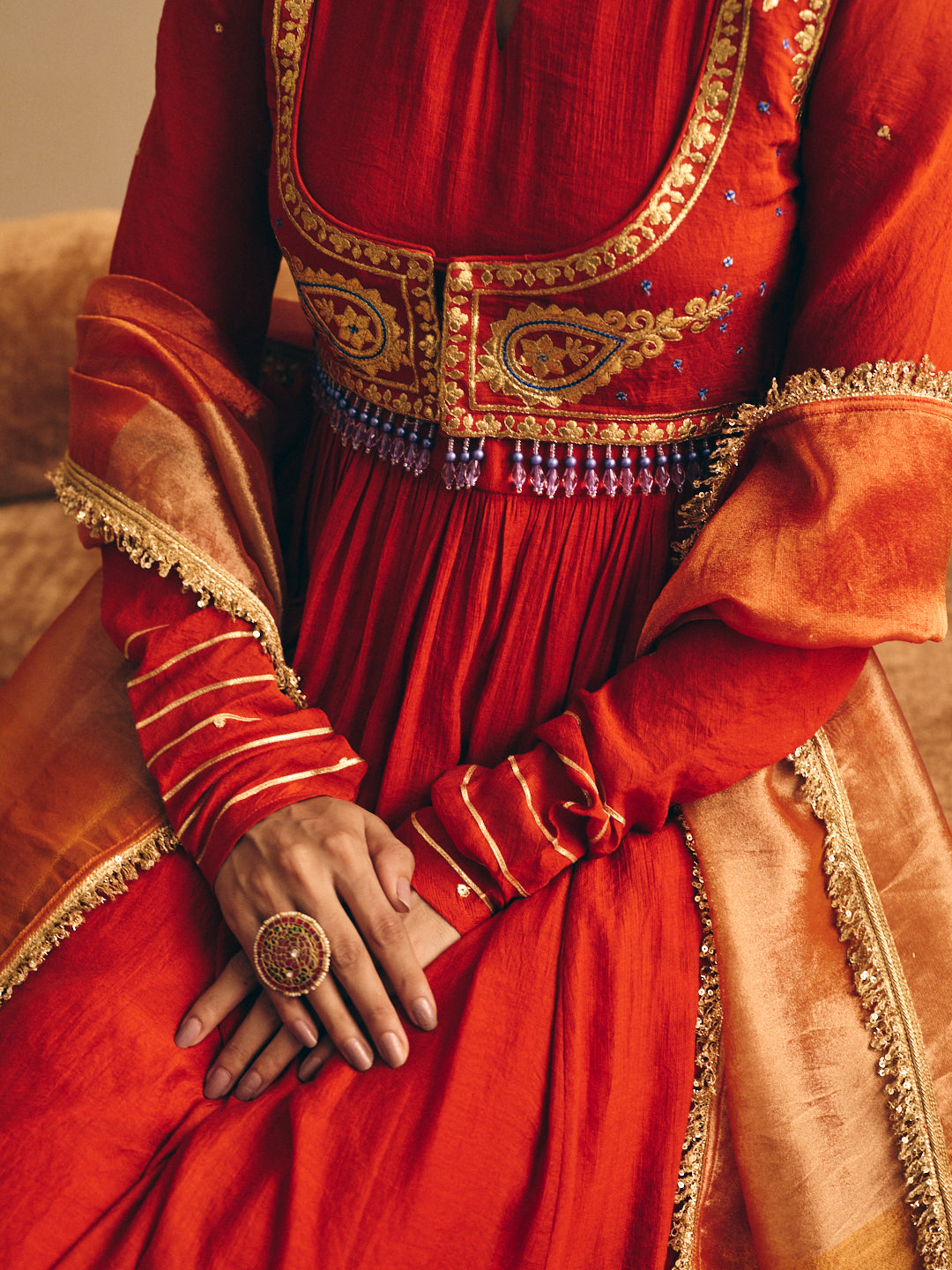 Women's Rust Embroidered Anarkali Kurta with Palazzo & Dupatta