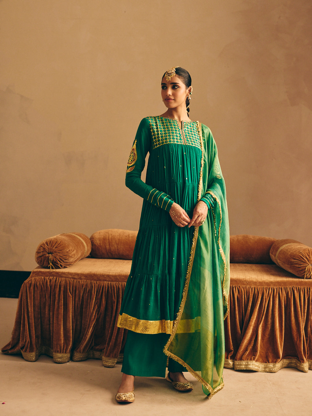 Women's Green Embroidered Anarkali Kurta with Palazzo & Dupatta